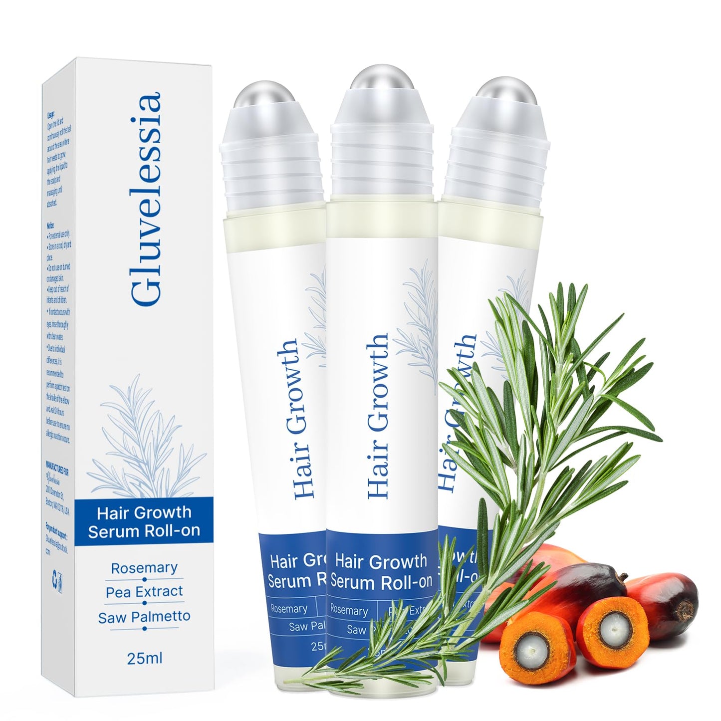 Gluvelessia Hair Growth Serum Roll On with Rosemary，Helps Support Thicker, Fuller Hair Appearance，Clean, Non-Greasy Hair Loss Support for Men & Women，Saw Palmetto，0.84 Fl Oz (Pack of 3)