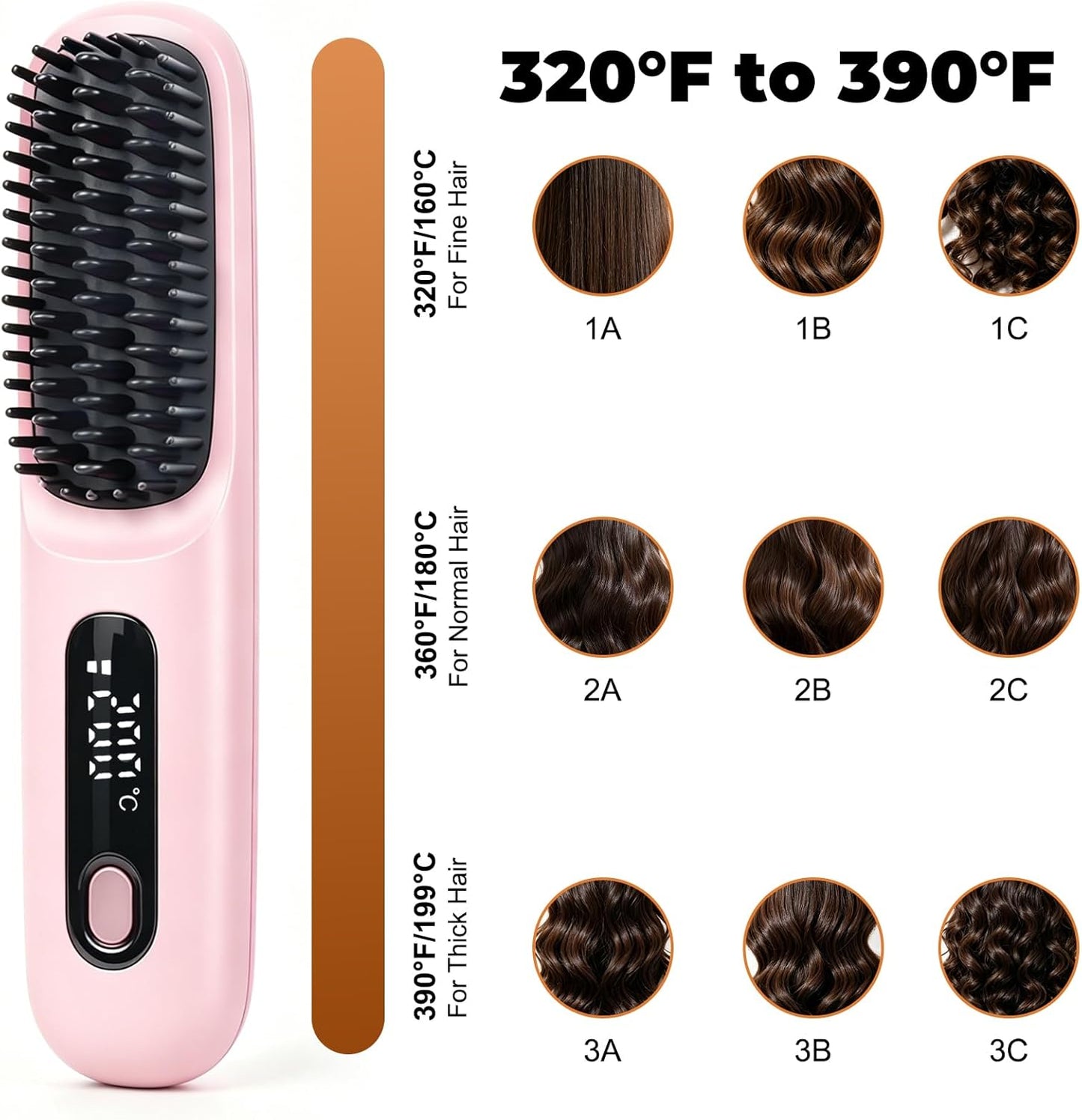 Cordless Hair Straightener Brush - Ionic Frizz-Free, Fast Heating 20s, 3200mAh USB-C | Portable for Travel
