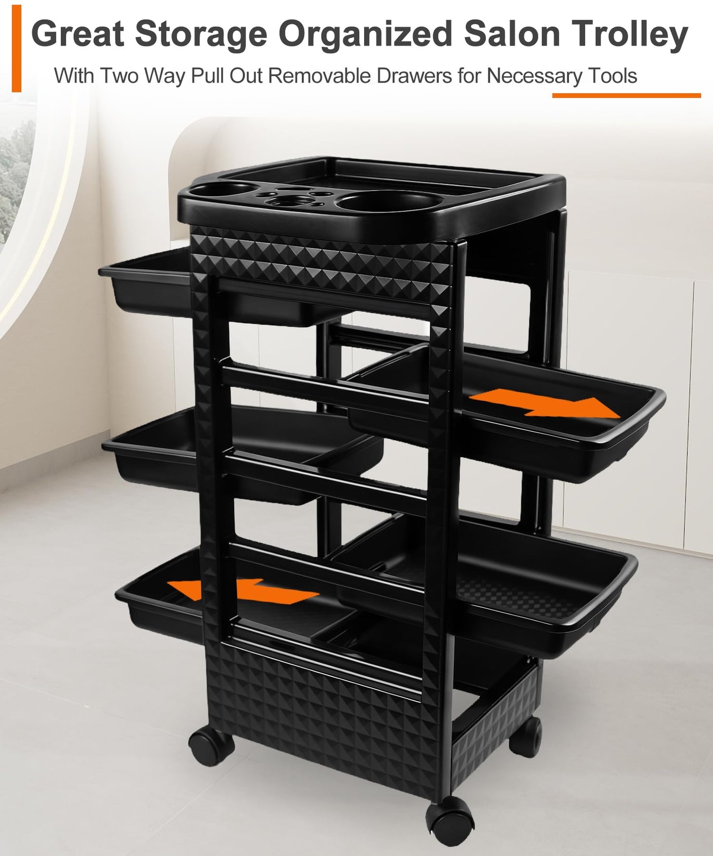 Hair Styling Salon Trolley Cart with Wheels and 5 Drawers,Rolling Cart for Hair Stylist, Beauty Salon Equipment,Tattoo(Black)