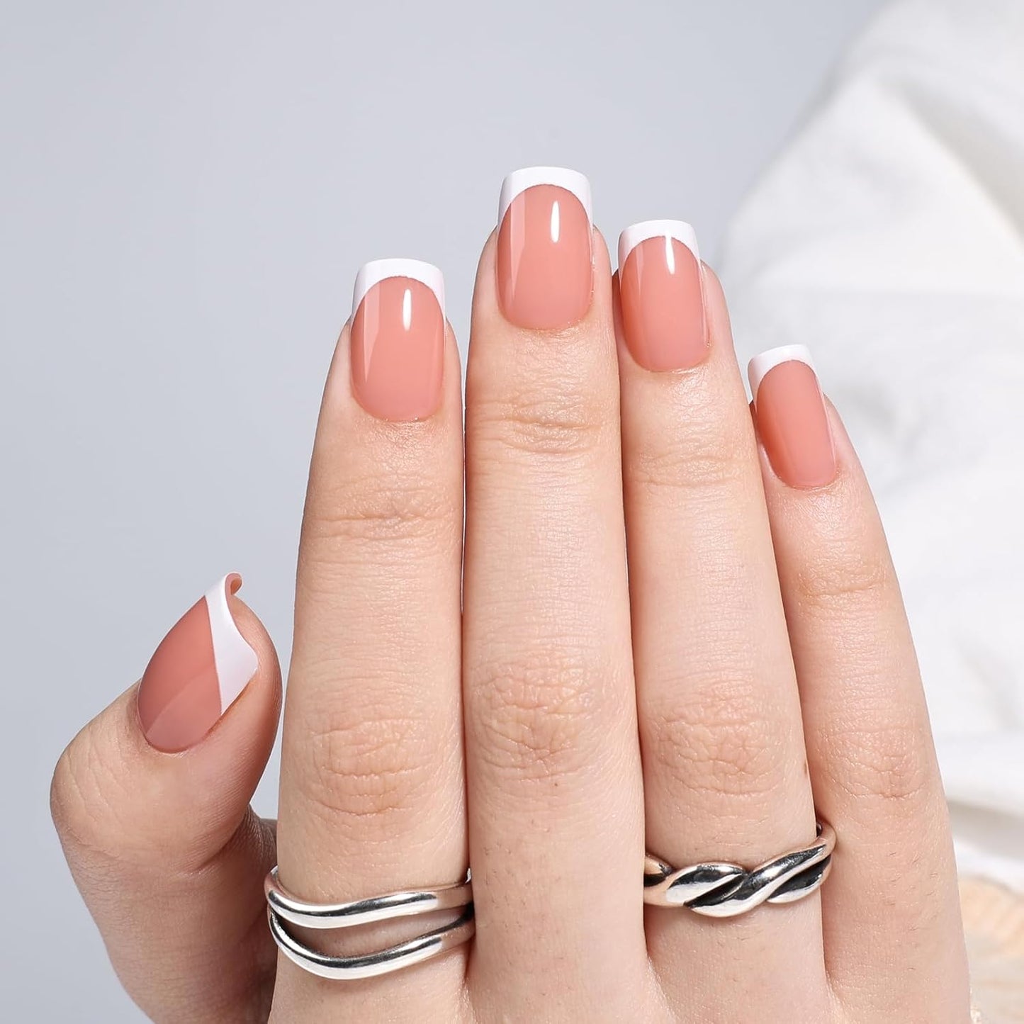French Tip Press On Nails - Glossy Pink Almond Reusable Fake Nails | 32 Pieces in 16 Sizes with Glue