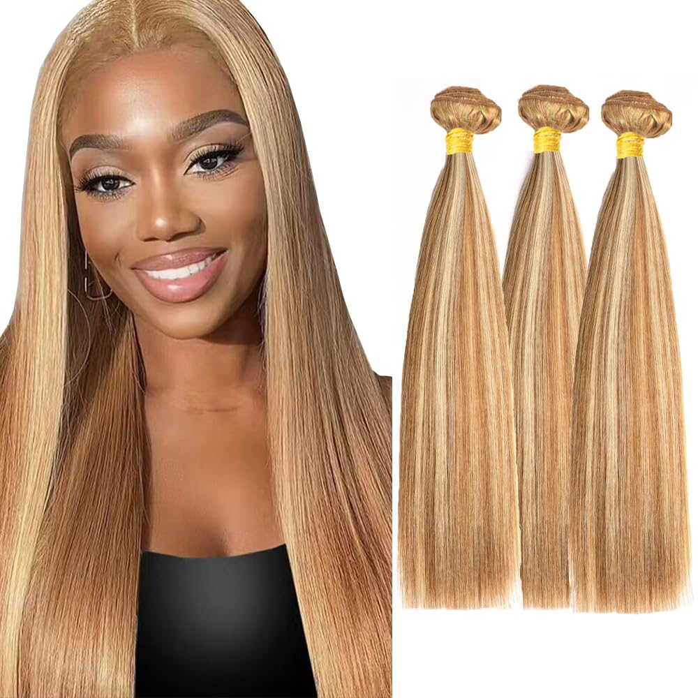 P27/613 Honey Blonde Bundles Human Hair Straight Bundles 28 30 32 Inch Highlight Blonde Unprocessed Brazilian Virgin Hair 3 Bundle Deals Quick Weave Hair Extensions 50 Gram Per Bundle