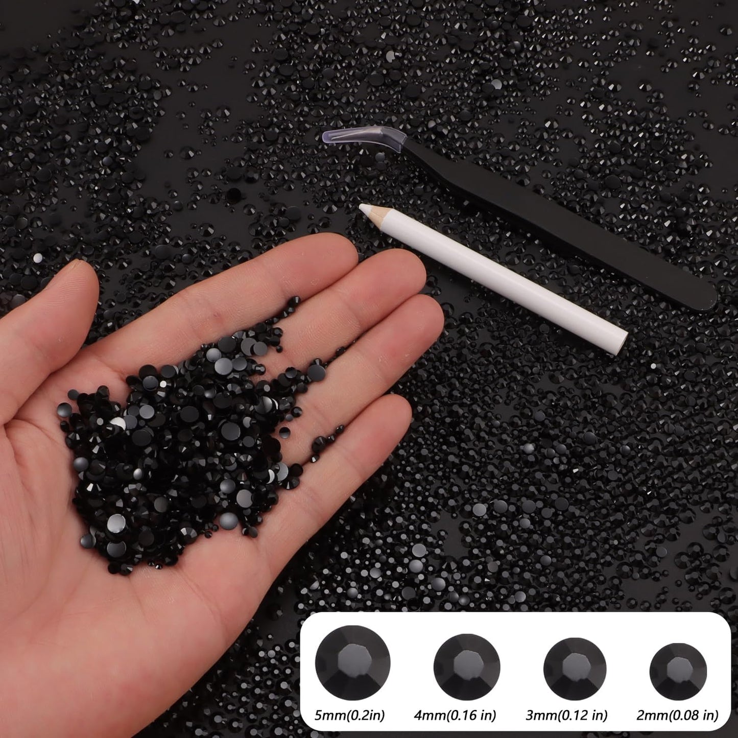 Flatback Rhinestones for Crafts - 10,000 Pcs Black Crystal Gems | 2-5mm Resin Glitter for DIY Nail Art & Clothing Accessories
