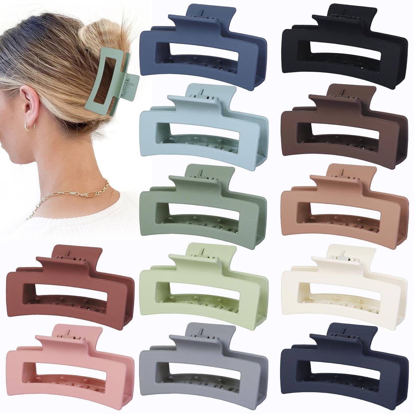 3.5 Inch Medium Hair Accessories - 12 Pcs Square Jaw Clips for Thick & Thin Hair | Rectangular Basic Color Clips for Women & Girls