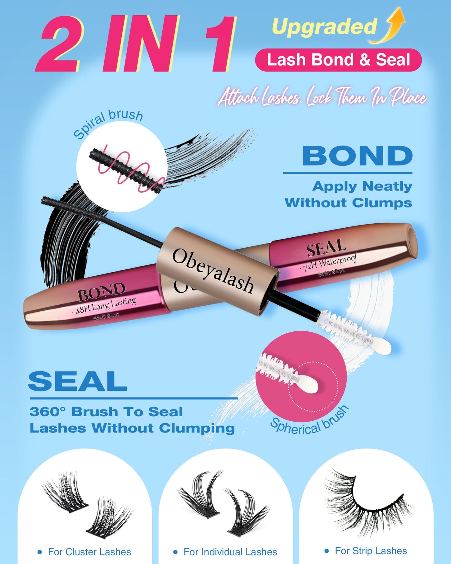 Obeyalash 2 in 1 Lash Bond and Seal, Waterproof Lash Cluster Glue Black