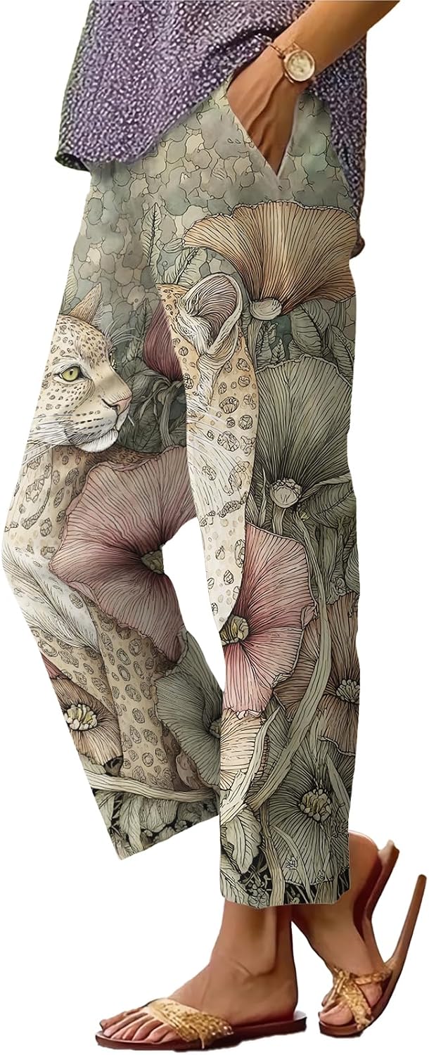 Womens Plus Size Floral Boho Capris - Elastic Waist Beach Trousers | Casual Summer Pants