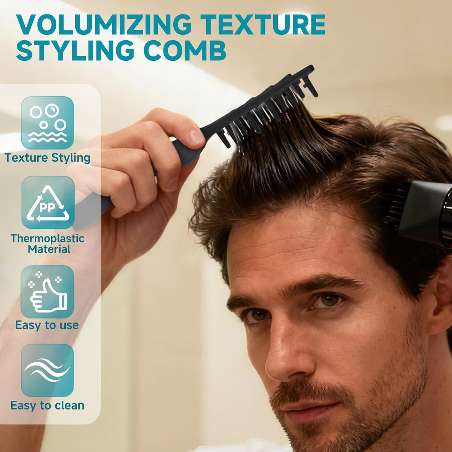 Volumizing Texture Comb - Wide-Tooth Styling Tool for Men & Women | Durable ABS Plastic, Textured Grip, Black
