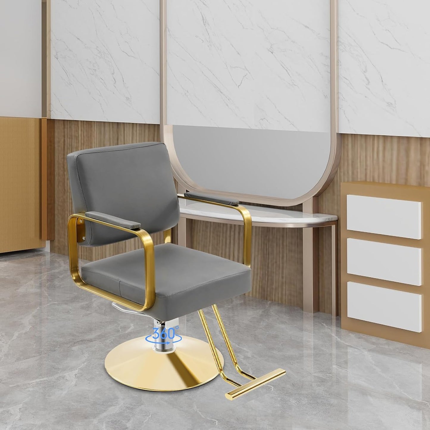 Salon Barber Chair - Hydraulic Pump & 360° Swivel | Adjustable Height Beauty Chair in Grey & Gold