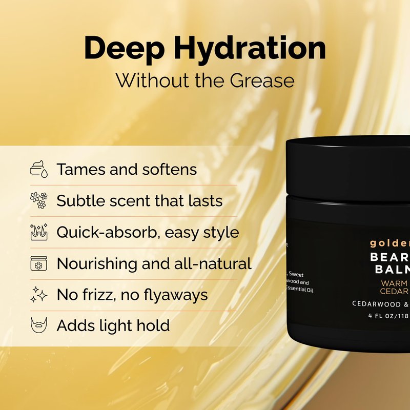 Golden Grooming Beard Balm - Tames Flyaways & Promotes Thicker Growth - Natural Styling Wax with Shea & Mango Butter - Relieves Beard Itch & Dandruff - Warm Cedar, 4oz