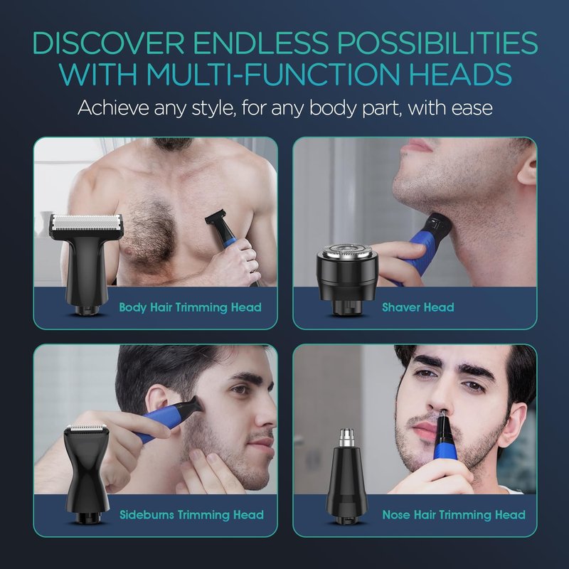 VOYOR Beard Trimmer for Men, Electric Razor, No Pain, Full Body Grooming, Face & Body Hair Trimmer, Adjustable Length Combs, All-in-1 Rechargeable Mens Grooming Kit, Cordless, Wet/Dry, TX510 (Blue)