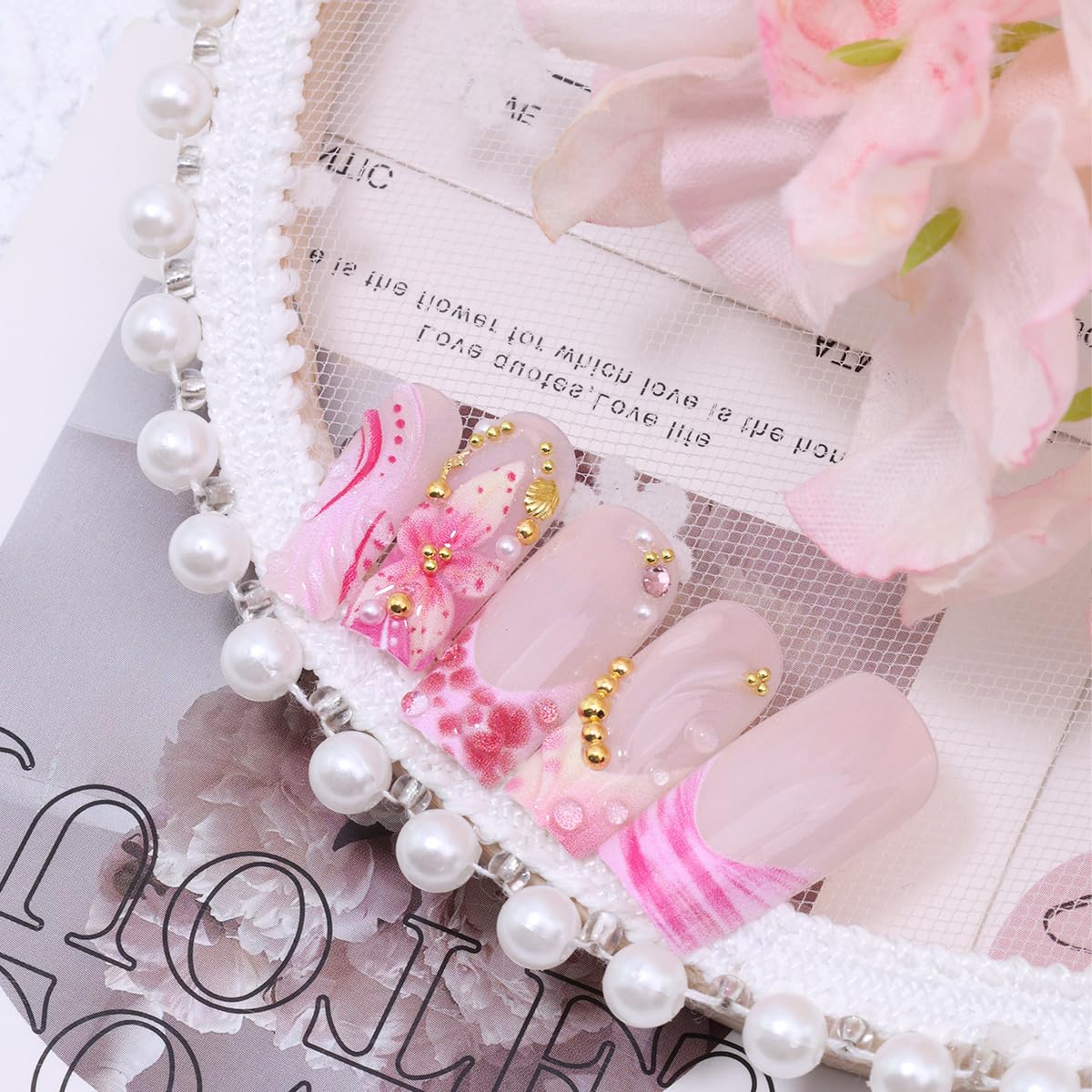 24Pcs Summer Starfish Press on Nails Long Square Fake Nails 3D Pink Floral with Gold Rhinestones Cute Design Ocean Beach Glue on Nails Acrylic French Tip False Nails Stick on Nail for Women Manicure