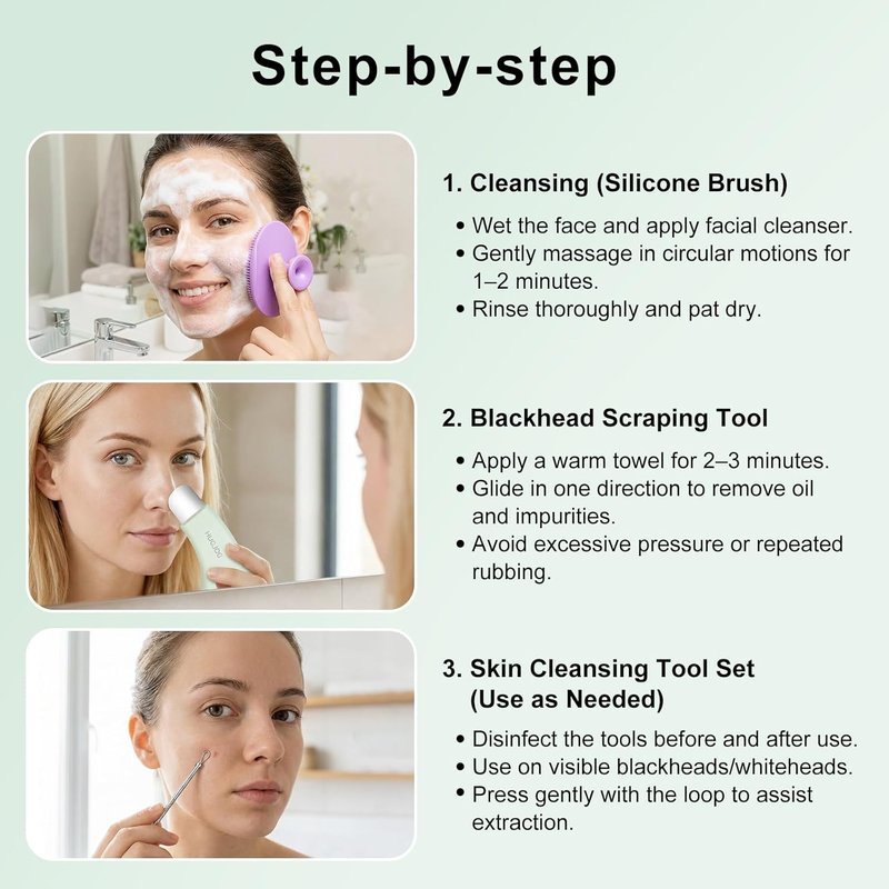 Blackhead Remover Tools - 304 Stainless Steel Pore Extractor & Silicone Cleansing Brush | Deep Cleaning Set with 4 Needles
