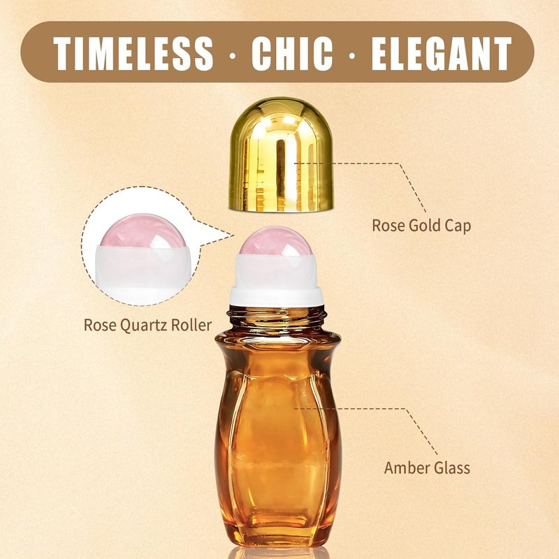 Rose Quartz Roller Bottles - 50ml Refillable Amber Glass for Essential Oils | Leak-Proof Travel Perfume Bottle with Crystal Rollers