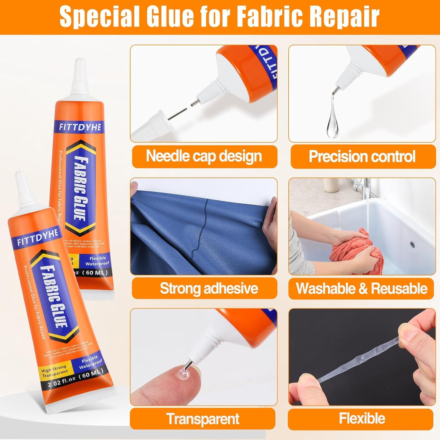 Fabric Glue - Permanent Washable Clear Adhesive for Rhinestones, Patches, Denim & More | 60 ML