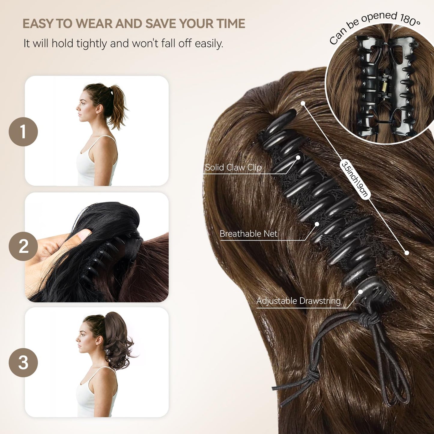 ZQIAN BEAUTY Clip in Ponytail for Women - 14 Inch Curly Ponytail Extension, Wavy Pony Tails Hair Extensions, Synthetic Hair Extensions Ponytail, Natural Hair Pieces for Women (Color: Brown)
