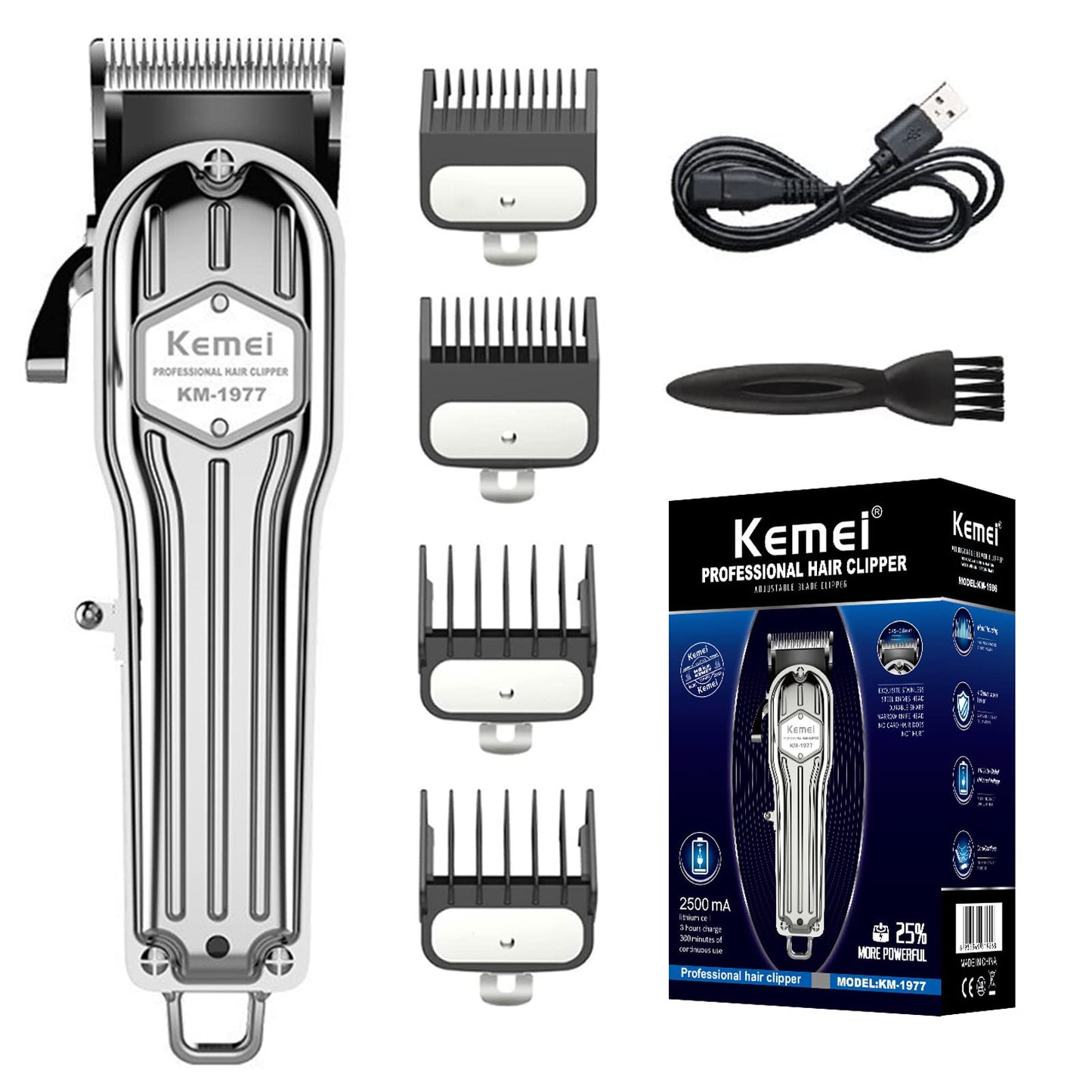 KEMEI 1977 Hair Clippers for Men Professional, Cordless Hair Trimmers Grooming Kit Wet/Dry Clippers USB Rechargeable Beard Trimmer Haircut Set for Home Use & Barbers, Silver