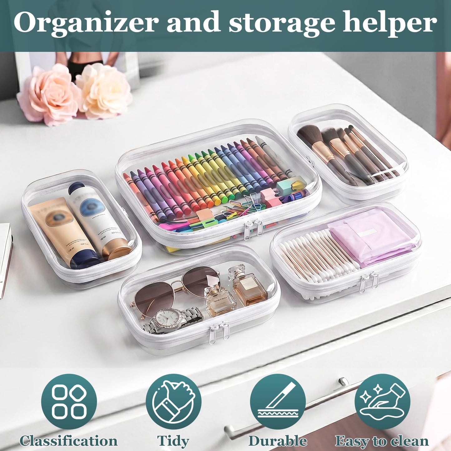 CarryEpic Clear Hard Shell Zipper Cases (5 Packs), Plastic Hard Sided Zippers Pouches Clear Hardshell Pencil Case For Storage, Diaper Bag Organizer Bliss Bins 4*Small/1*Medium