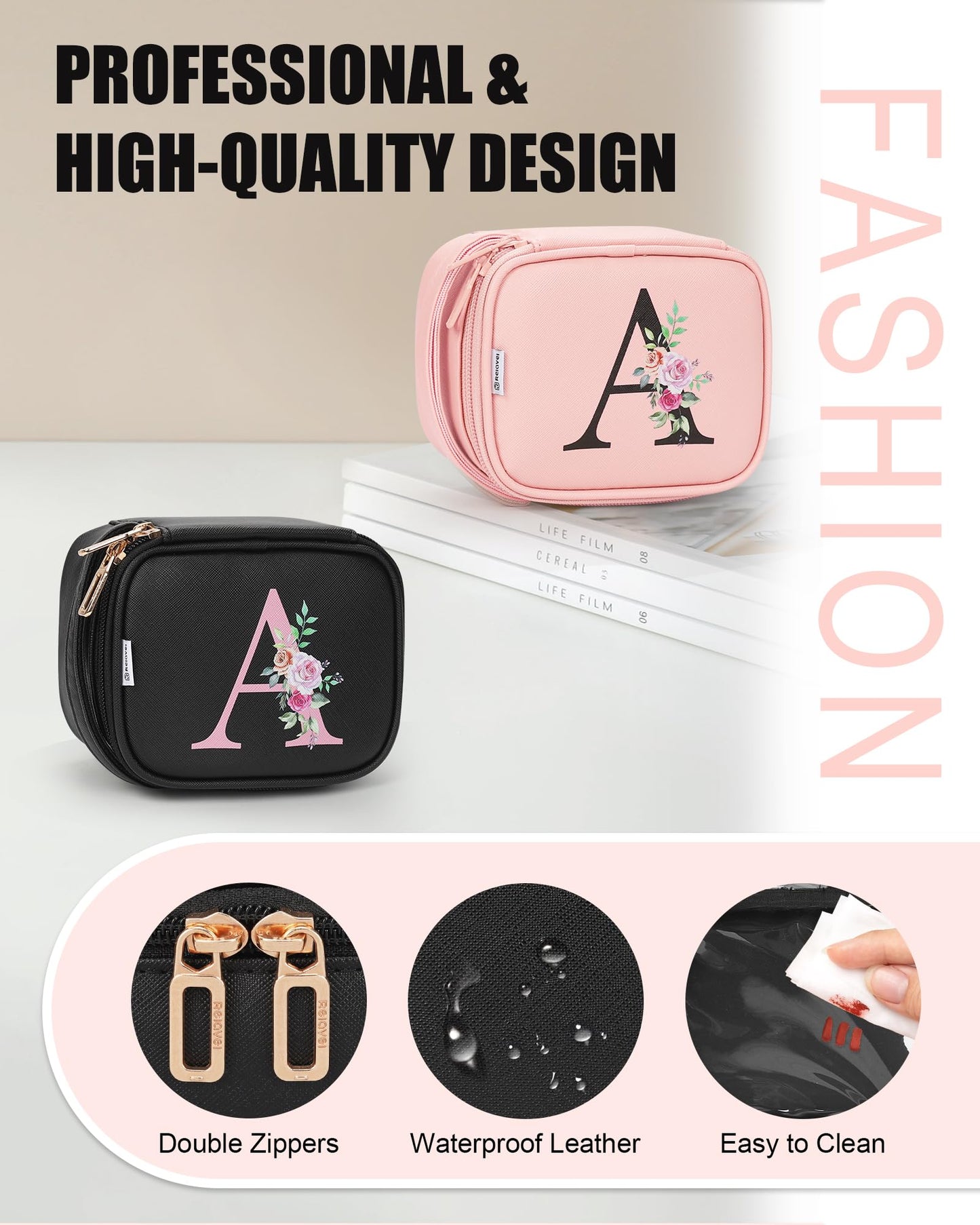 Relavel Initial Makeup Bag with Led Mirror, Mini Make Up Bag for Women Girls, Personalized Cosmetic Bag with Adjustable Brightness, Rechargeable Pink Make Up Bags Pouch for Birthday Gift - Black D