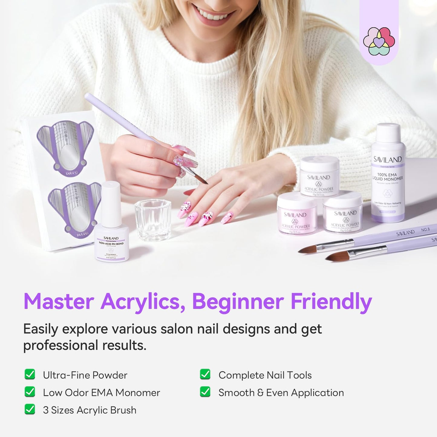 SAVILAND Essentials Acrylic Nail Kit For Beginners: Ultimate All-In-1 Acrylic Set with EMA Monomer Practice Finger Nail Drill U V Light Full Tools For Women Gift