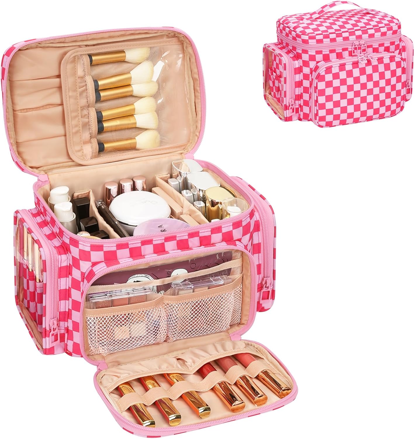 Large Makeup Bag Organizer for Women - Portable Travel Cosmetic Bag with Brush Compartment & Side Pockets | Black