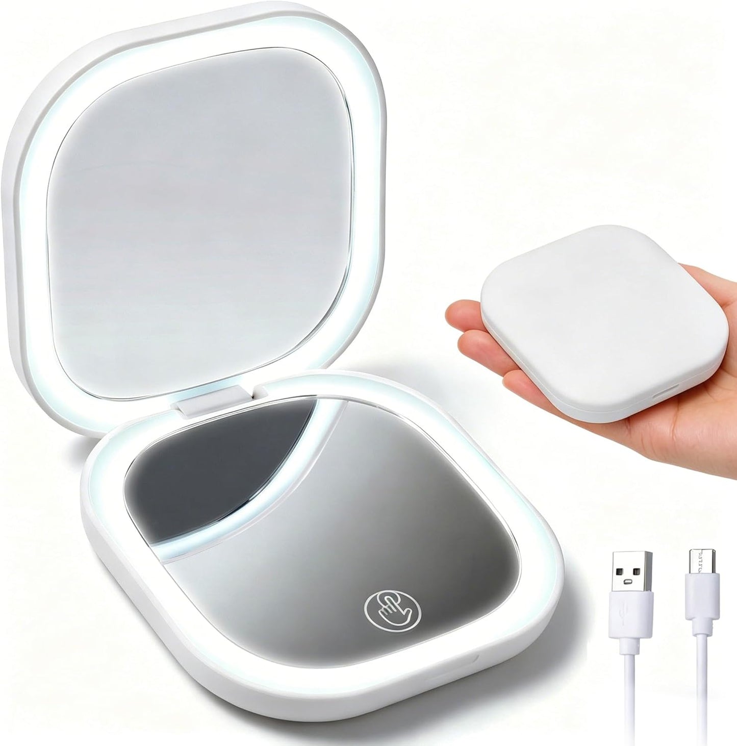 Portable Makeup Mirror - 1X/5X LED Lighted Magnifying Mirror | Compact USB Rechargeable Travel Size in White