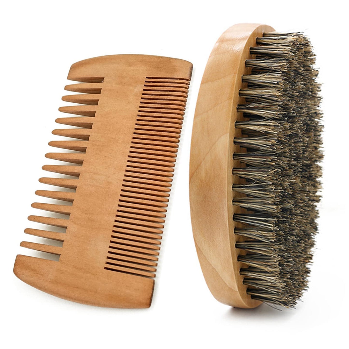 Wooden Beard Grooming Set, 2-Piece Boar Bristle Brush and Comb Kit for Men's Facial Hair Care and Styling