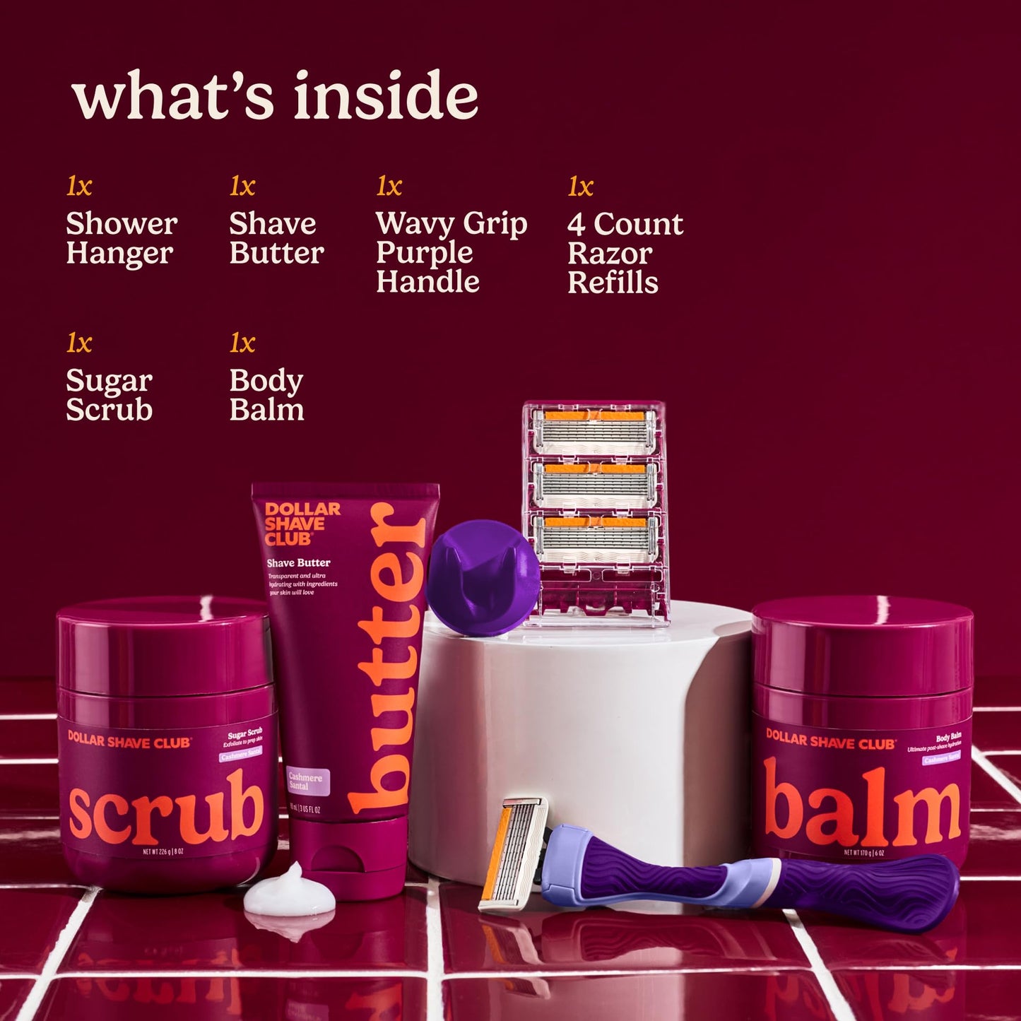 Dollar Shave Club For Women | 1 Purple Wavy Grip Handle, 4 Razor Refills, 1 Cashmere Santal Shave Butter, 1 Sugar Scrub, 1 Body Balm, 1 Shower Hanger | Razors for Women, Womens Razors for Shaving