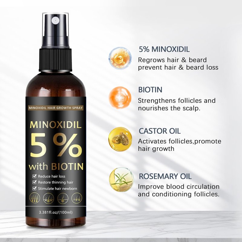 Minoxidil Hair & Beard Growth Spray - Biotin Treatment for Thinning Hair | 3.38 oz, Black