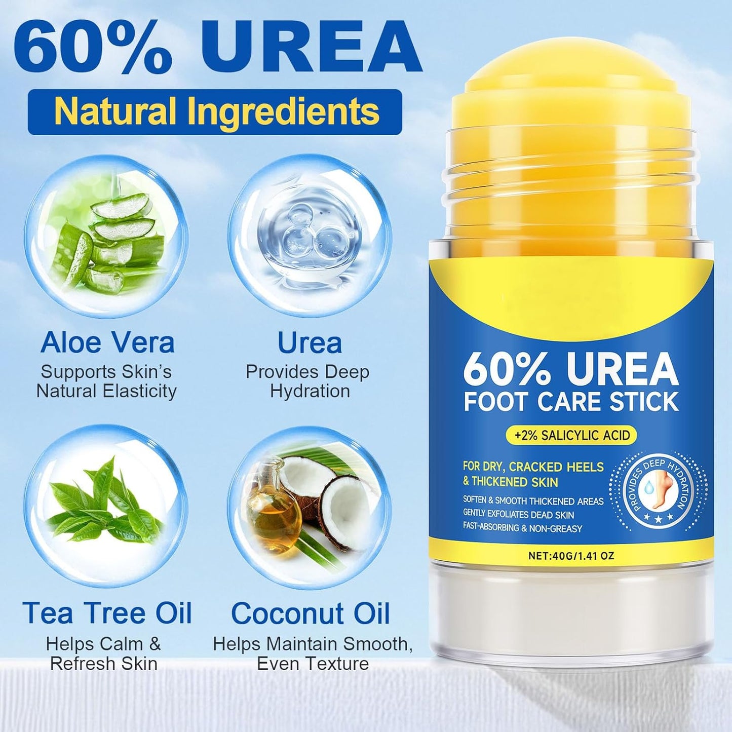 Urea Cream Foot Care Stick - 60% Urea & 2% Salicylic Acid for Dry, Cracked Skin | 1.4oz (2pcs)