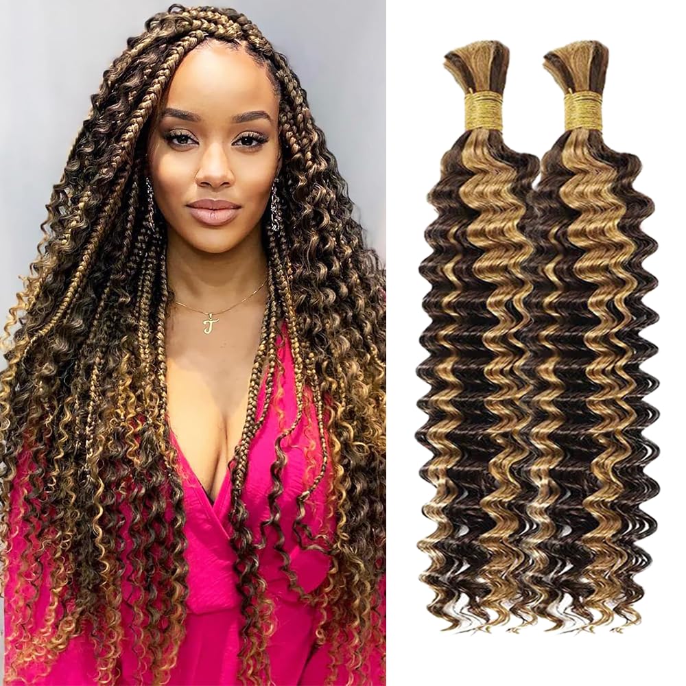 #27 Human Braiding Hair for Boho Braids 14 Inch Highlight Deep Wave Boho Bulk Human Hair for Braiding No Weft 2 Bundles 4/27 Color