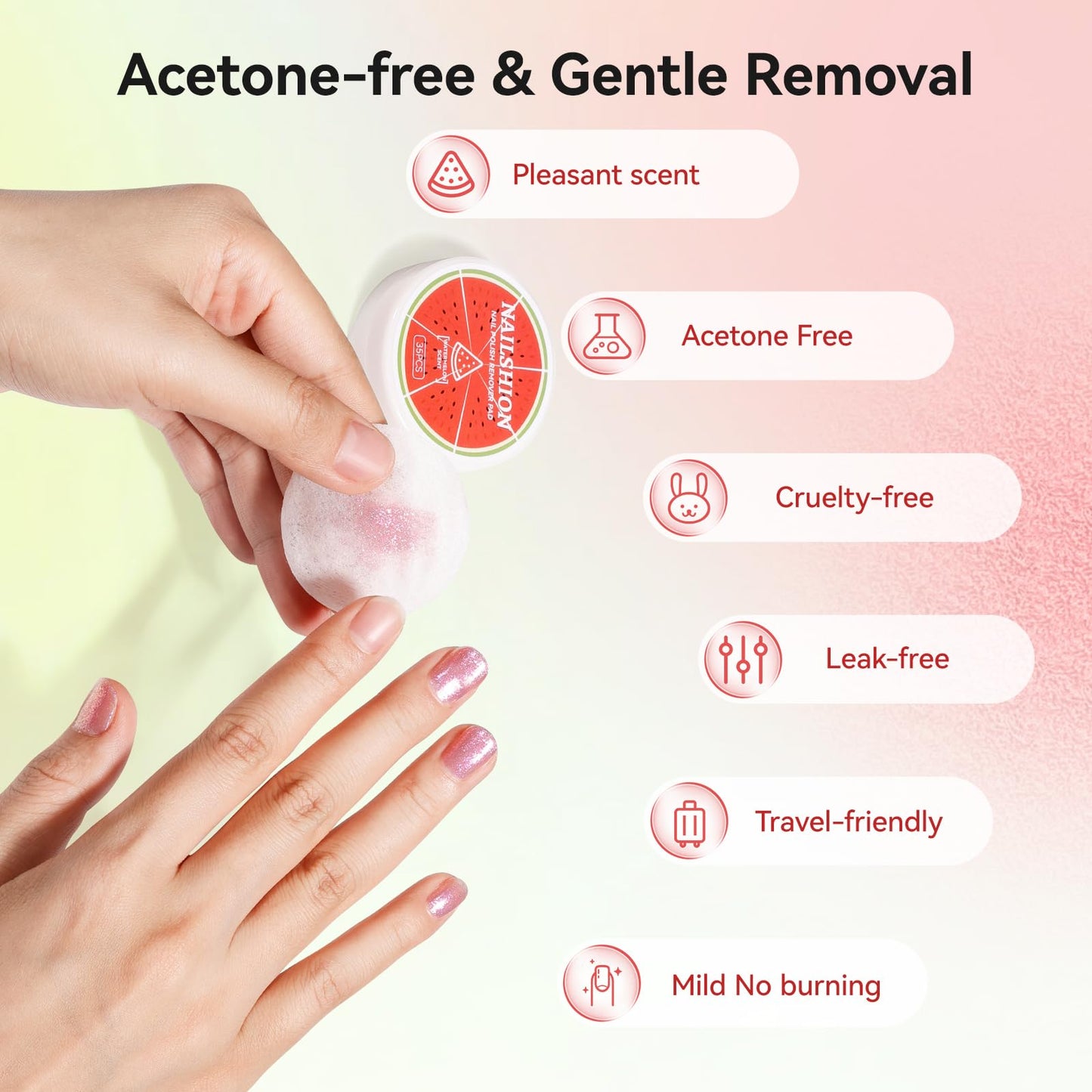 Nailshion Nail Polish Remover Pads, 140 Pcs Travel Fingernail Polishes Wipes in 4 Boxes, Non-Acetone | 3-5s Quick Removal | VE Moisturing, Lint-free Handy Wipes to Clean Polish, Watermelon Scent