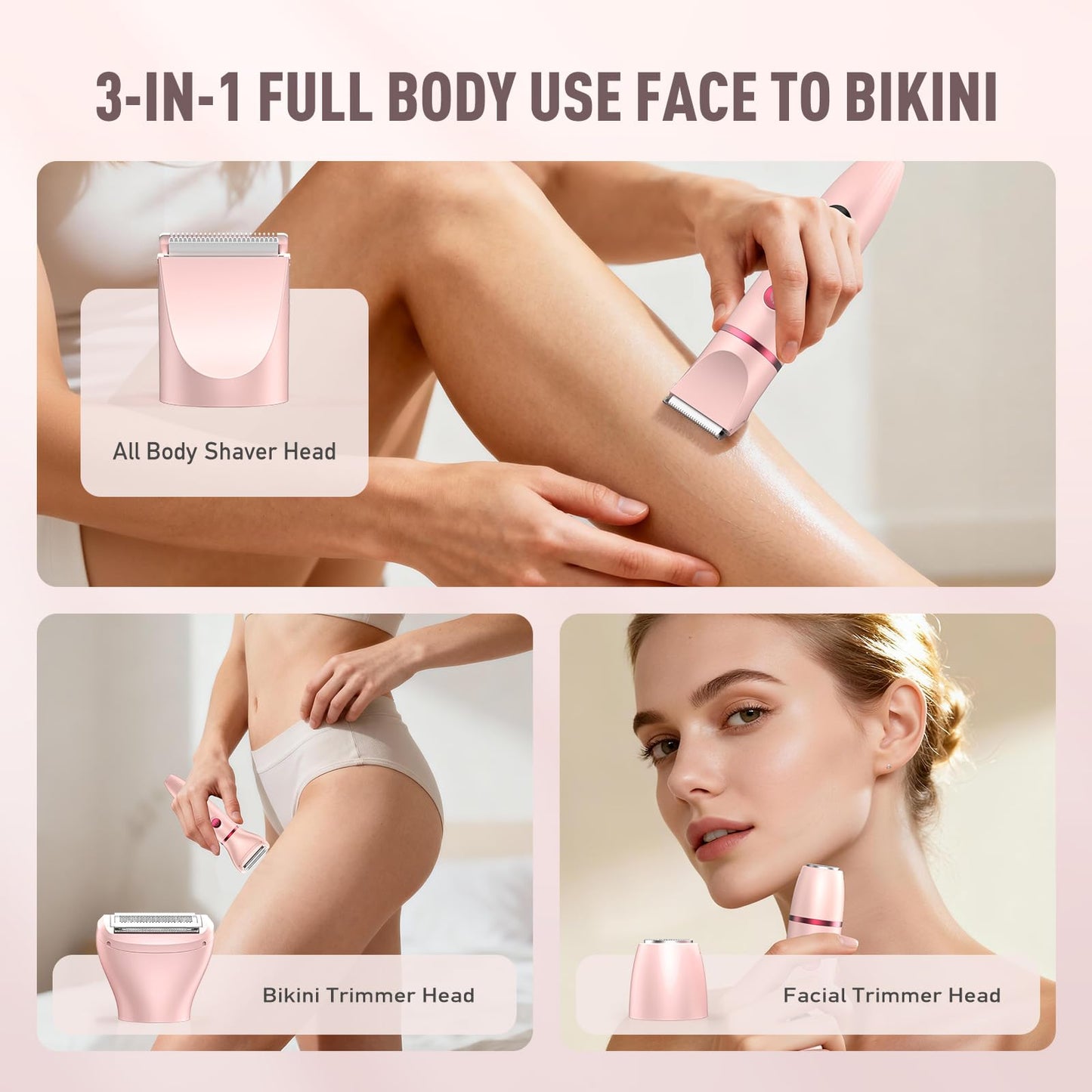 Crolanli Bikini Trimmer for Women, 3-in-1 Electric Razors for Women, IPX7 Waterproof Rechargeable Cordless Pubic Hair Shaver, with LED Display, for Ladies Bikini Pubic, Face, Underarms, Legs(Pink)