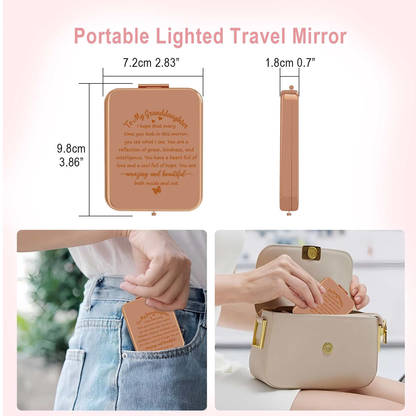 to My Granddaughter - You're Amazing and Beautiful - Pocket Mirror with Light, Granddaughter Engraved Compact Magnifying Mirrors with Light, Family First Mirror Encouragement Gifts from Grandparents