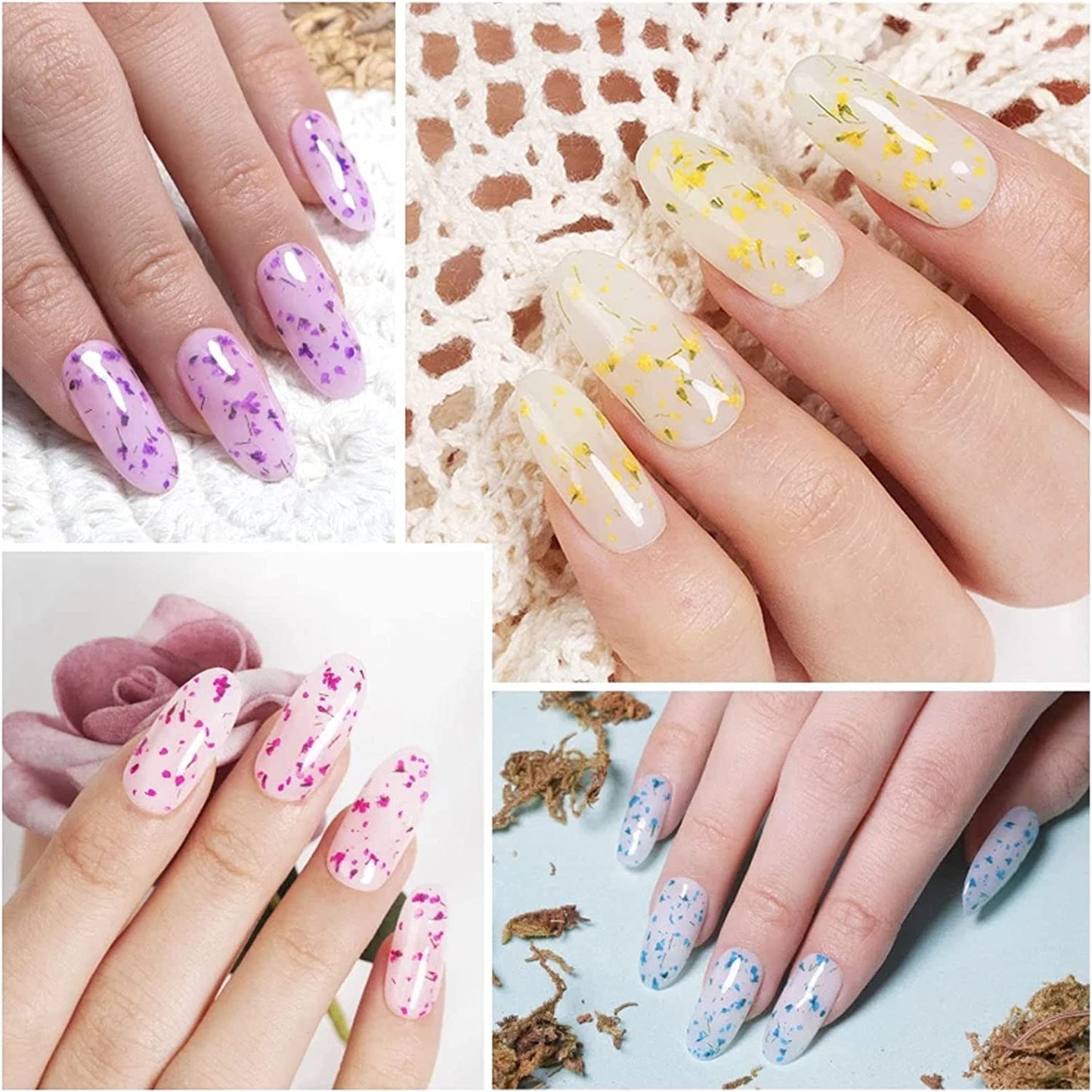 Bellecrey 6 Color/Set Dried Flowers Gel Nail Polish, Flower Fairy Gel Polish, Soak Off UV Holographic Varnish Rose Gold Pink Green Blue Purple Nail Polish Gel