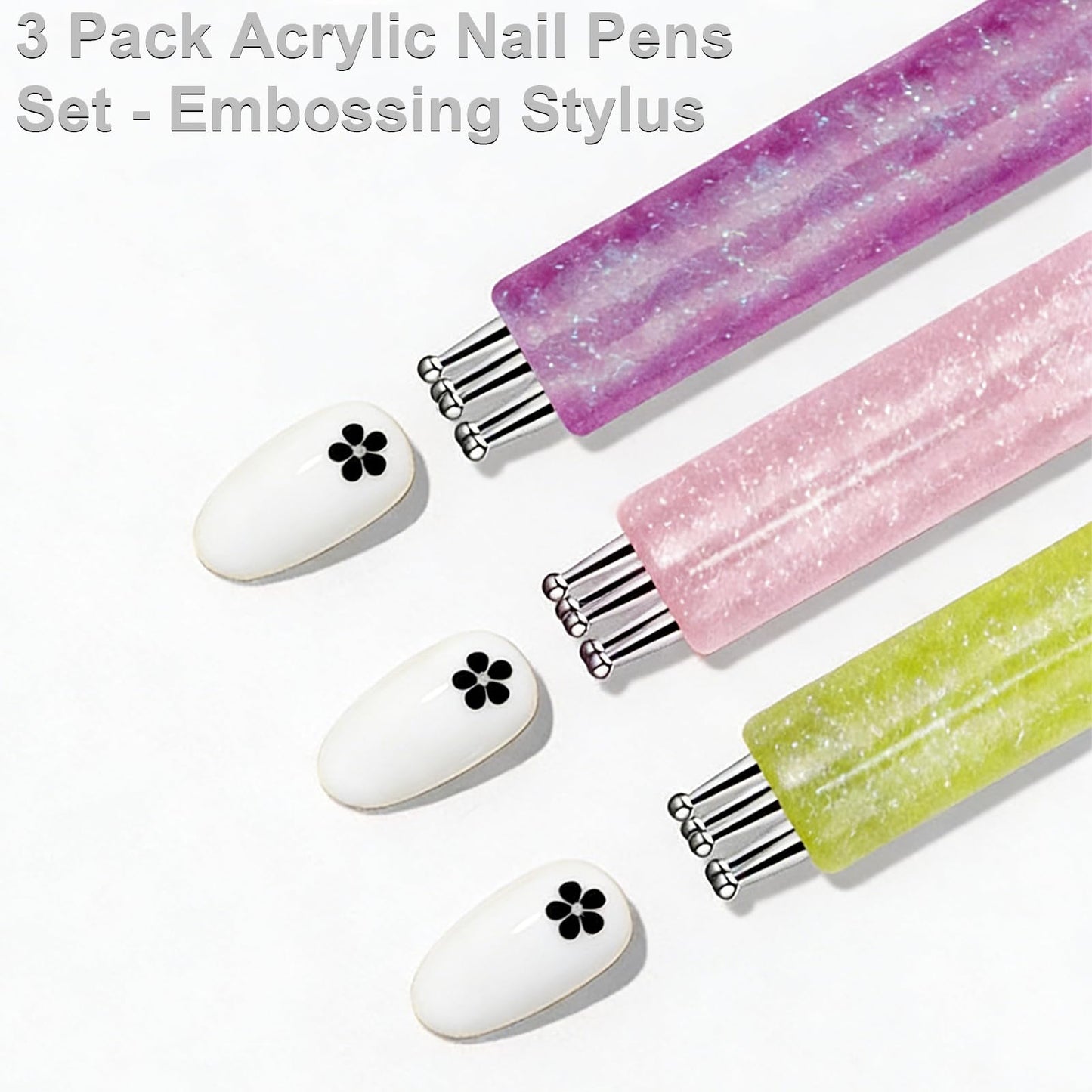 3 Pack Acrylic Nail Pens Set - Embossing Stylus with 5 Stainless Steel Ball Tips for Precise Nail Art Design, Tracing and Dotting Tool, Essential for Nail Art Studios
