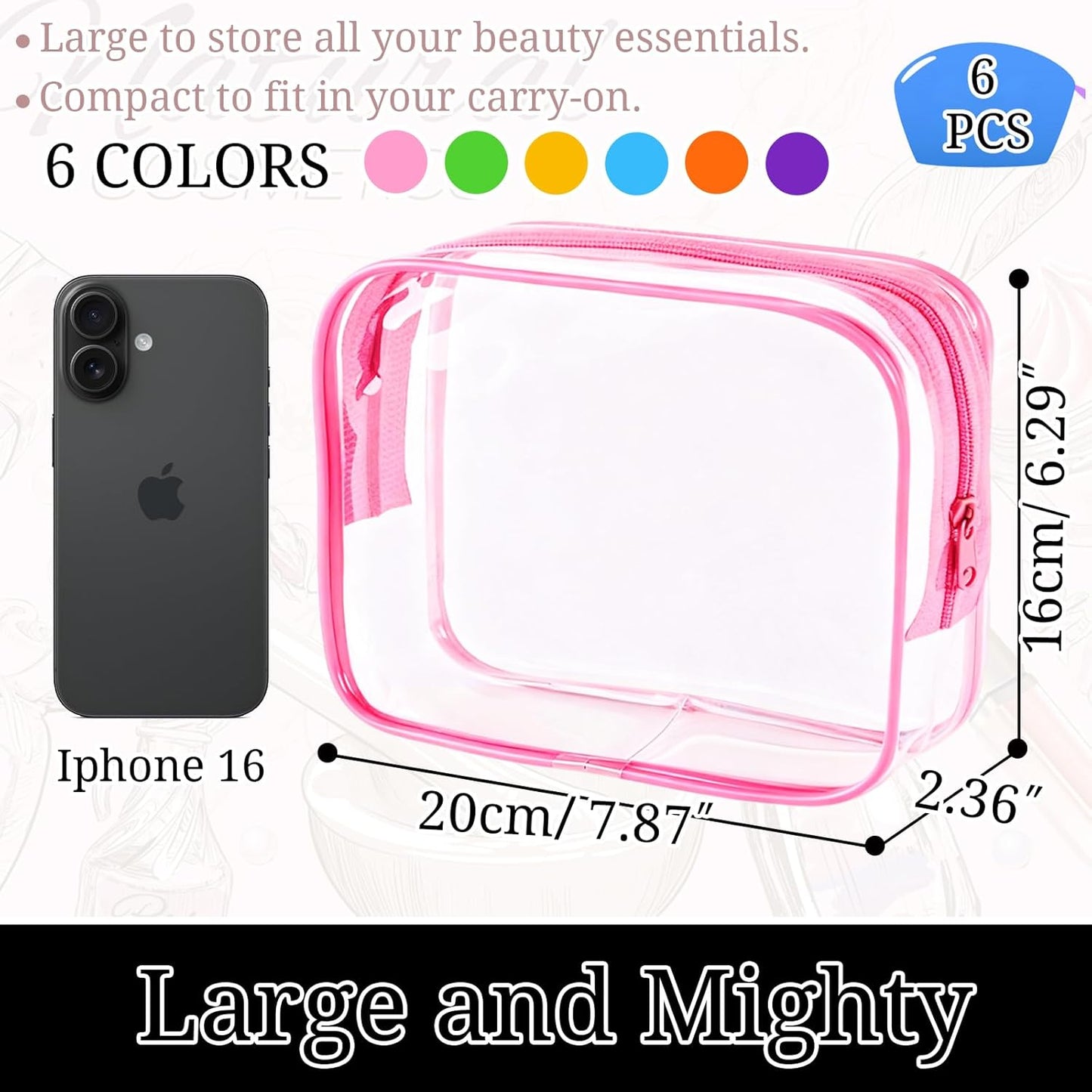 Clear Makeup Bags Set - TSA Approved PVC Toiletry Pouches | Waterproof Organizer for Travel Essentials (6 Pieces)
