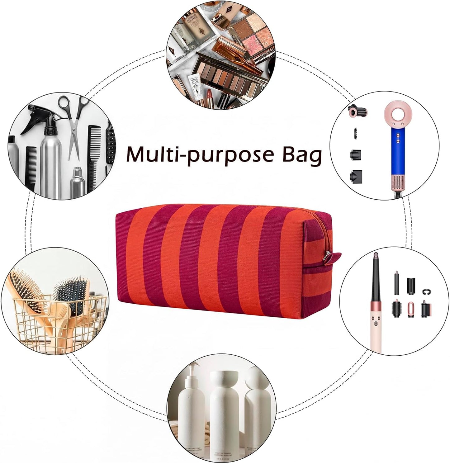 Striped Hair Tools Travel Bag - Corduroy Organizer for Hair Dryer & Flat Iron | Aesthetic Foldable Design (Red & Orange)