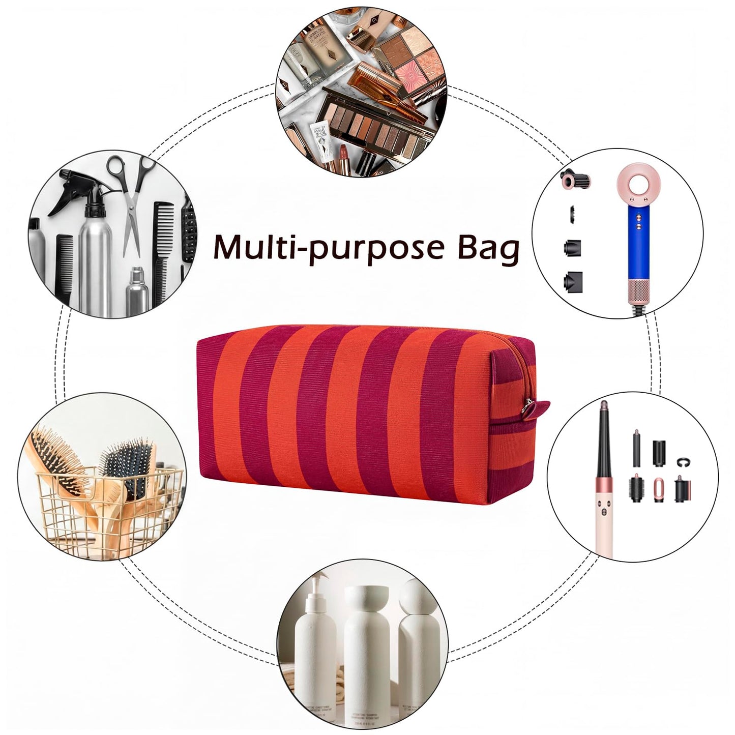 RSRSLEII Striped Hair Tools Travel Bag，Corduroy Hair Dryer Bag, Flat Iron Curling Iron Bag, Aesthetic Foldable Travel Organizer (02Red&Orange)