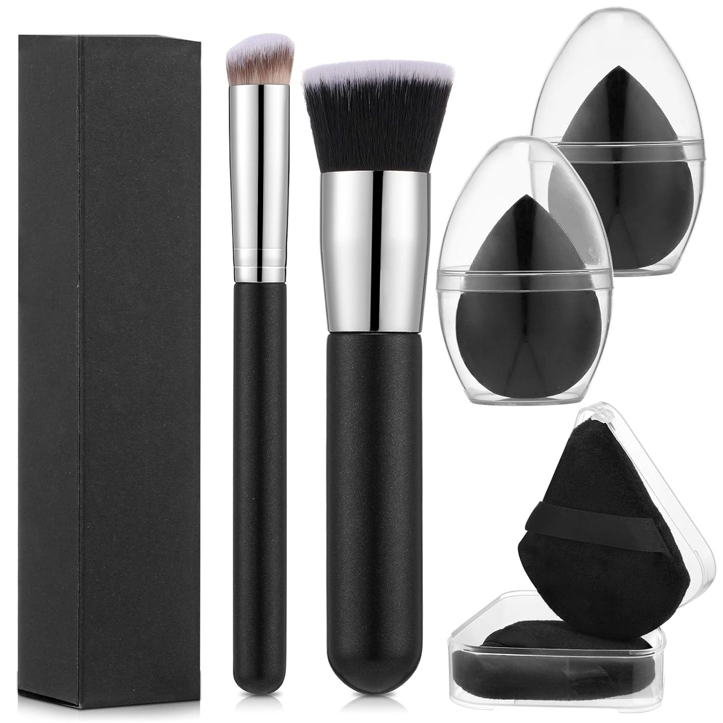 Foundation Brush Set - 6Pcs Liquid Makeup Brushes with Sponge & Powder Puff | Black