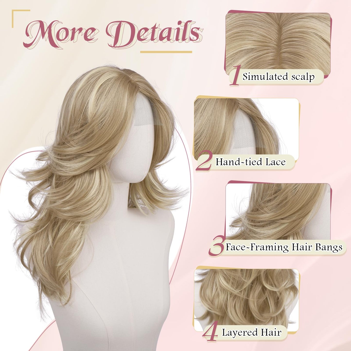 Haloo Blonde Layered Wigs with Curtain Bangs Lace Front Hairline Long Wavy Natural Looking Middle Part Synthetic Hair Wig for Women Daily Party Costume, 20 Inch Dirty Blonde