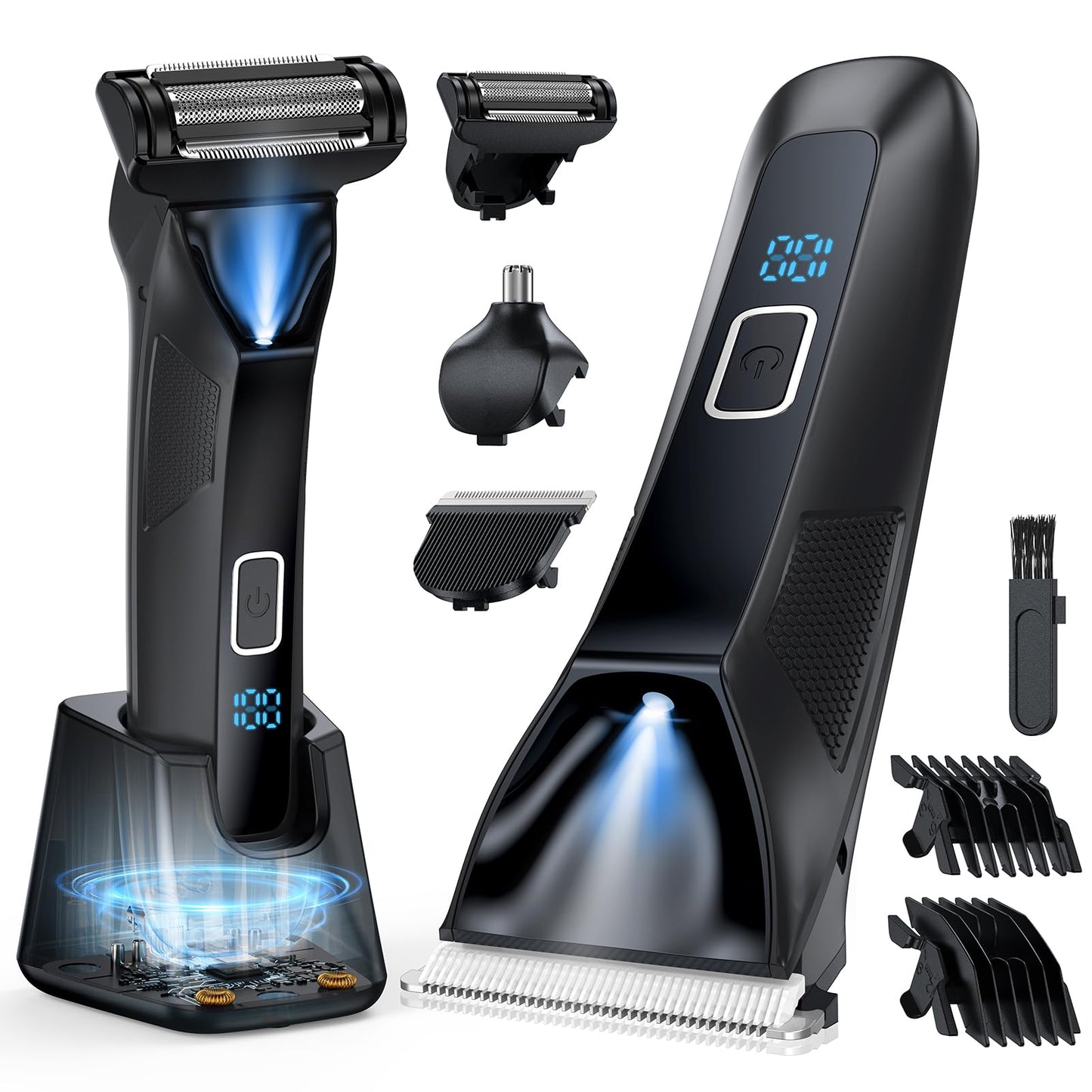 VivaEase Manscape Body Hair Trimmer for Men, 3-in-1 IPX7 Waterproof Groin & Ball Shaver, Electric Razor Mens Grooming Kit, Rechargeable Cordless with SkinSafe Ceramic Blade & Nose Hair Attachment