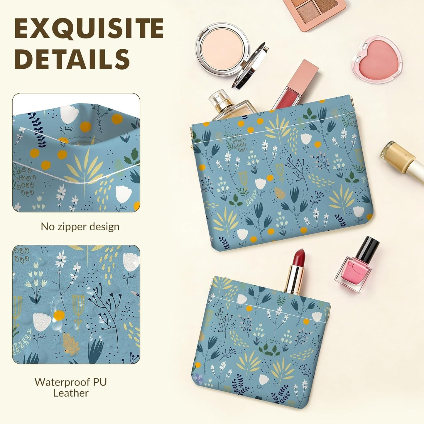 Makeup Bag Set - 2 PCS PU Leather Cosmetic Organizer | Portable Self-Closing Pouch for Women - Blue Flower Design