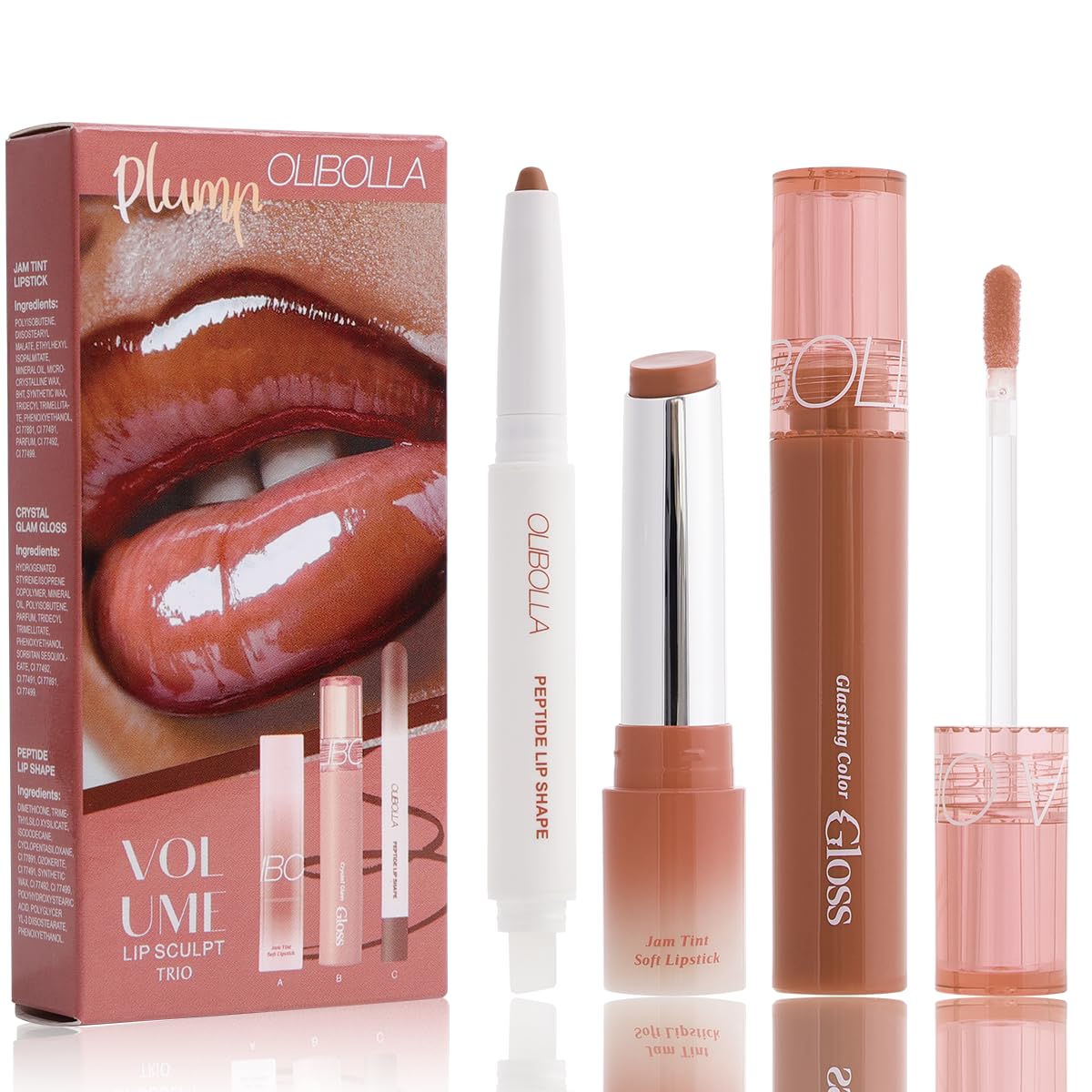 BANGFENG 3PCS Glossy Lip Combo Set – Shade with Plumping Gloss, Hydrating Melting Balm & Smooth Lip Liner for Fuller, Defined, High-Shine Juicy Lips, K-Beauty Viral Makeup Look (02# Mocha Nude)