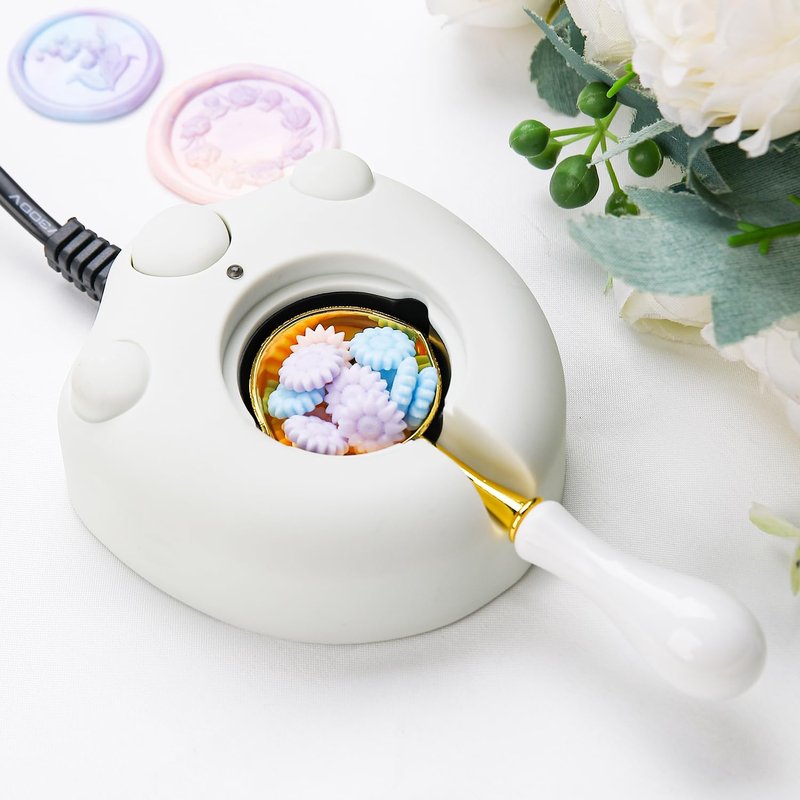 VSECUON Dual-Spout Electric Wax Seal Warmer White with Spoon Tweezers Stirring for Melting Wax Sealing Beads
