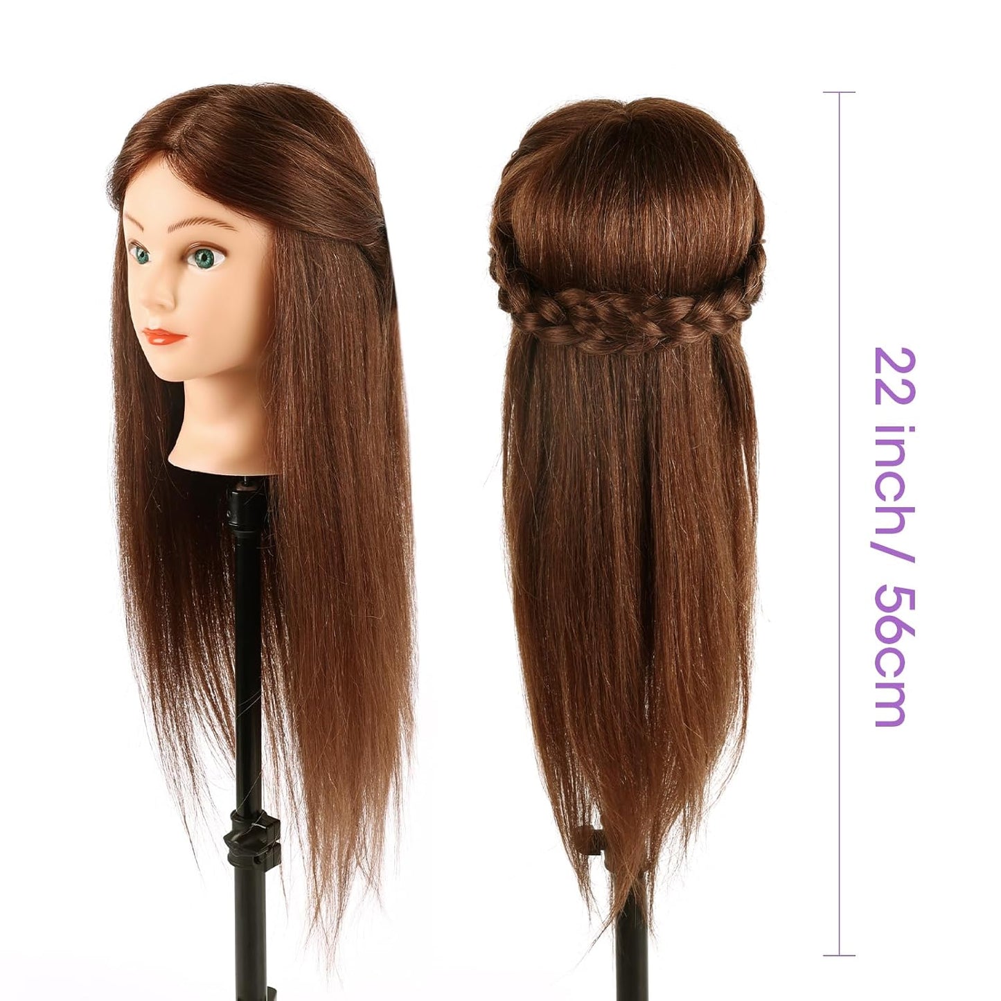 Human Hair Mannequin Head - 18'' Realistic Cosmetology Training Doll with Clamp & Tools | Dark Brown, Blue Eyes