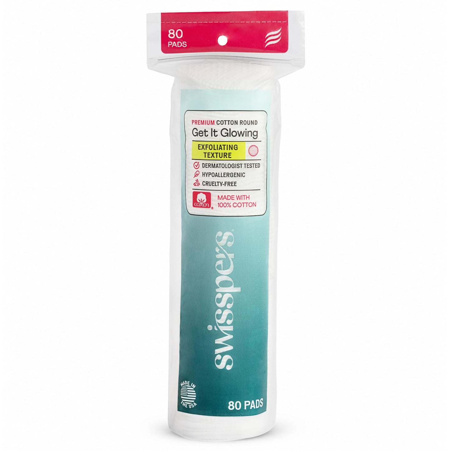 Swisspers Premium Exfoliating Rounds, 2 Distinct Raised Textured Surface, Cotton Facial Pads, 80 Count Re-closable Bag