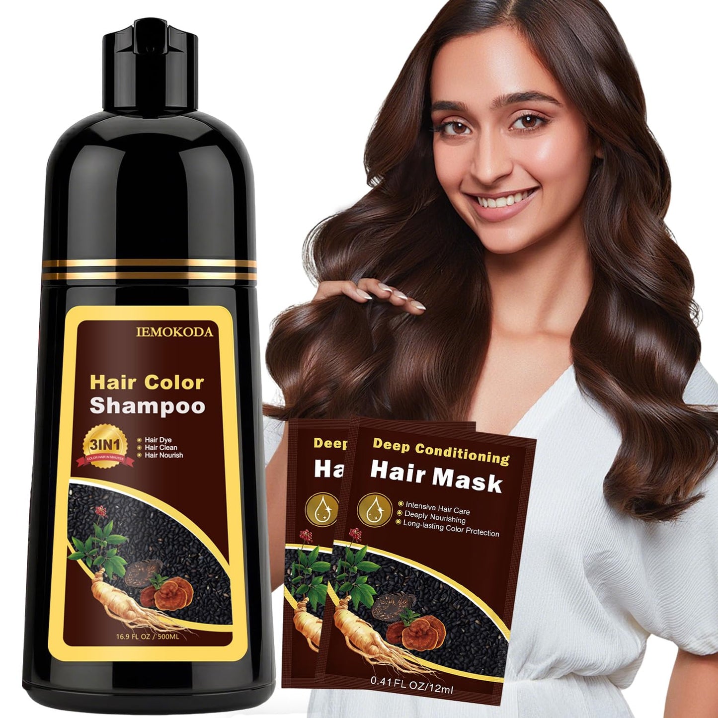 Instant Black Hair Dye Shampoo - 100% Gray Coverage | Herbal Formula, 3-in-1 Care, 500ML