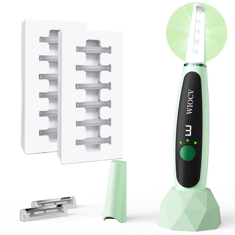 Dermaplane Razor for Women, Gentle Facial Hair Removal, Remove Peach Fuzz for Flawless Makeup, Rechargeable Dermaplane Tool with Built-in LED Light & 12 Replacement Blades (Green)