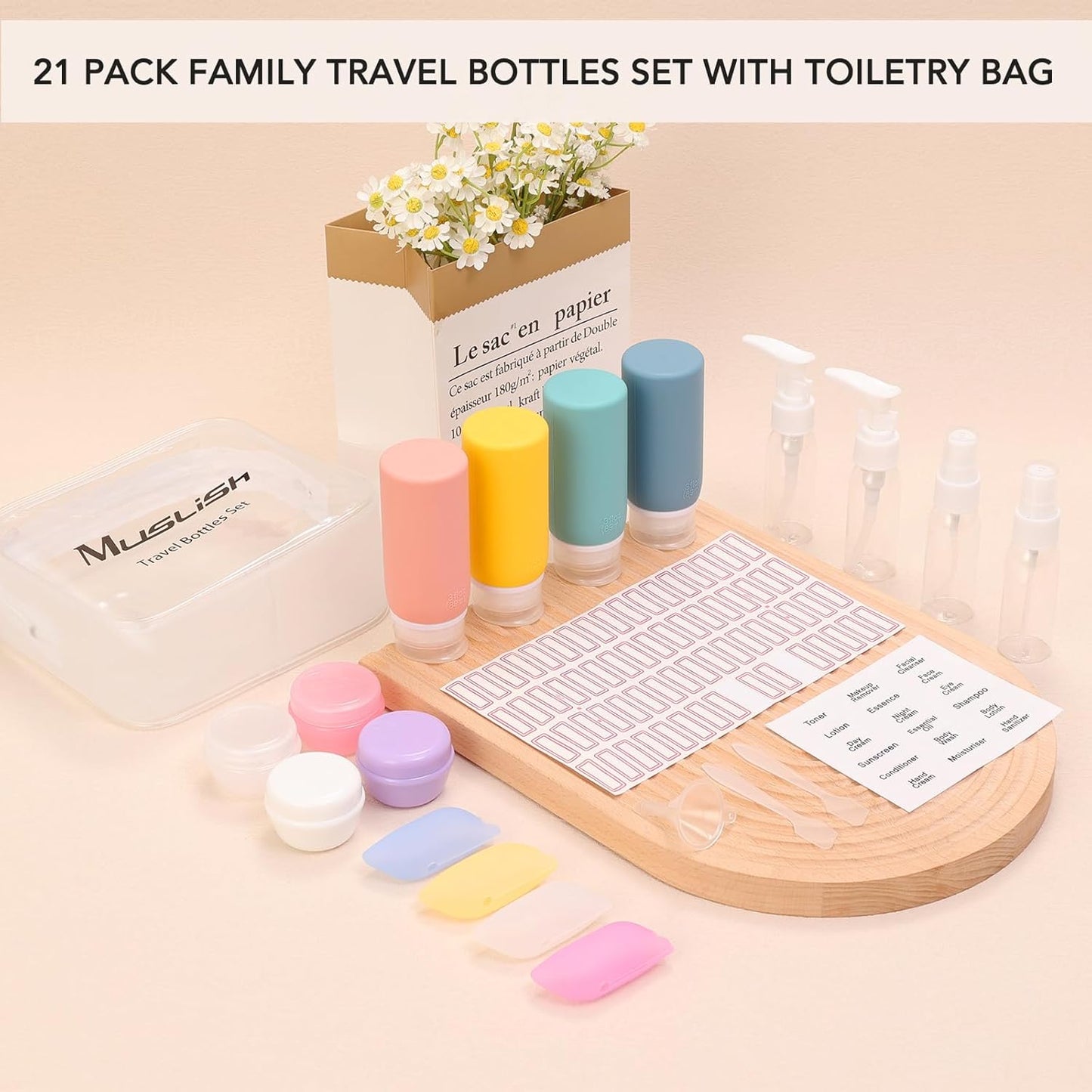 Travel Bottles for Toiletries - 21 Pack Leak-Proof Silicone Containers | TSA Compliant, BPA Free, Yellow