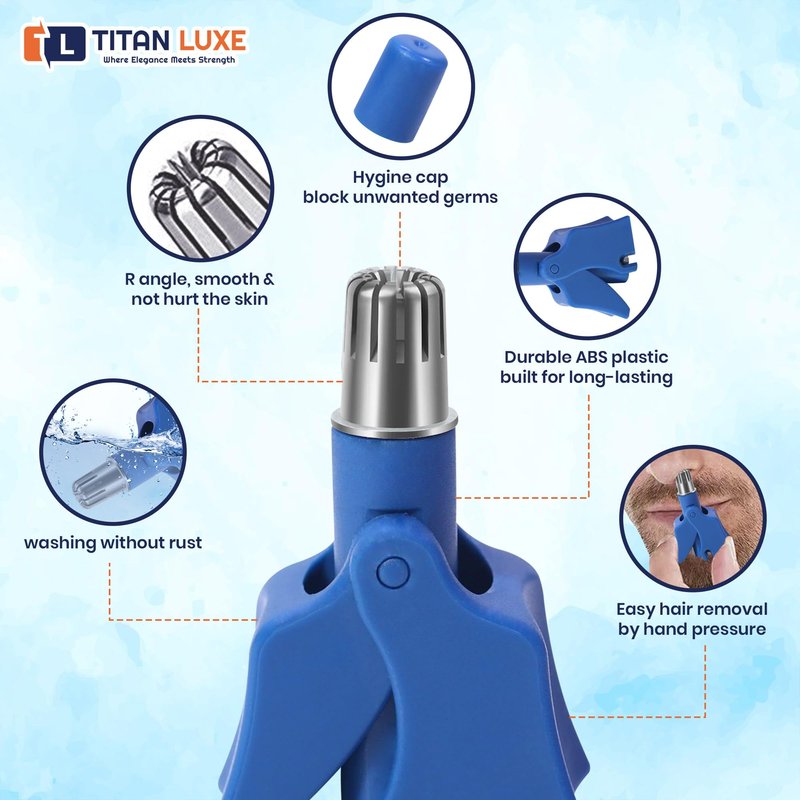 Titan Luxe Stainless Steel Hair Trimmer for Men and Women | Manual Nose and Ear Hair Trimmer | Nose Clippers, 360° Rotating Hair Trimmers | Washable Nose Hair Remover | Blue
