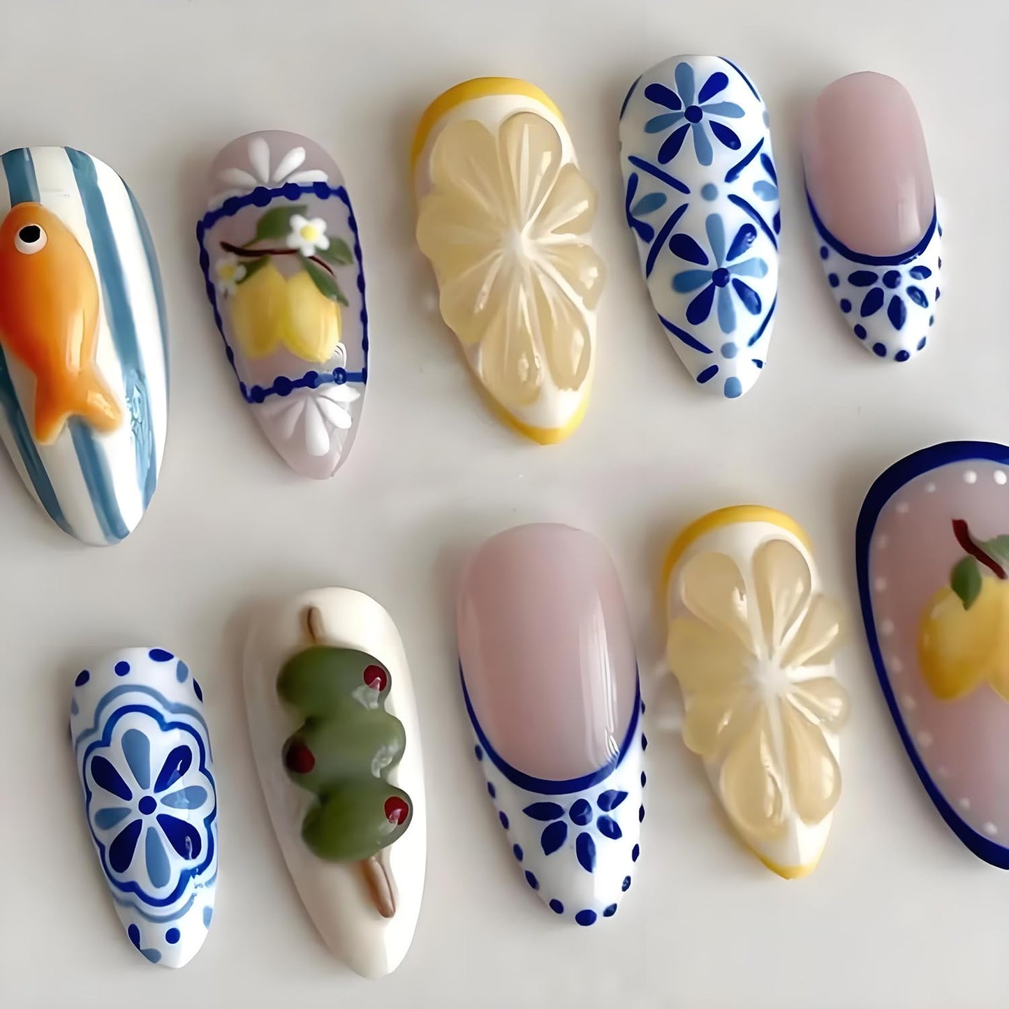 French Tip Press on Nails Almond Medium Fake Nails with 3D Goldfish Lemon Designs Summer Flower Nails Press ons Glossy Glue on Nail White Blue Yellow Acrylic Nail Spring Stick on Nails for Women 24Pcs